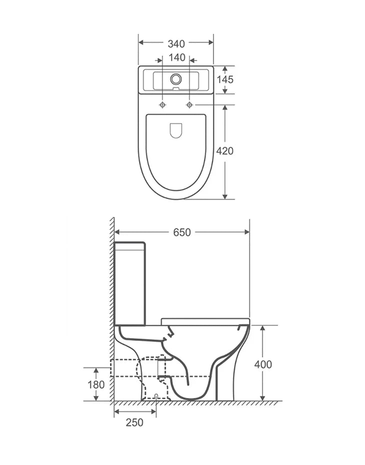 Close Coupled (Two Piece) P trap Oval Water Closet Set  650x375 mm CASA