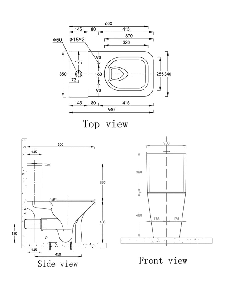 Close Coupled (Two Piece) P trap Water Closet Set 650x350 mm