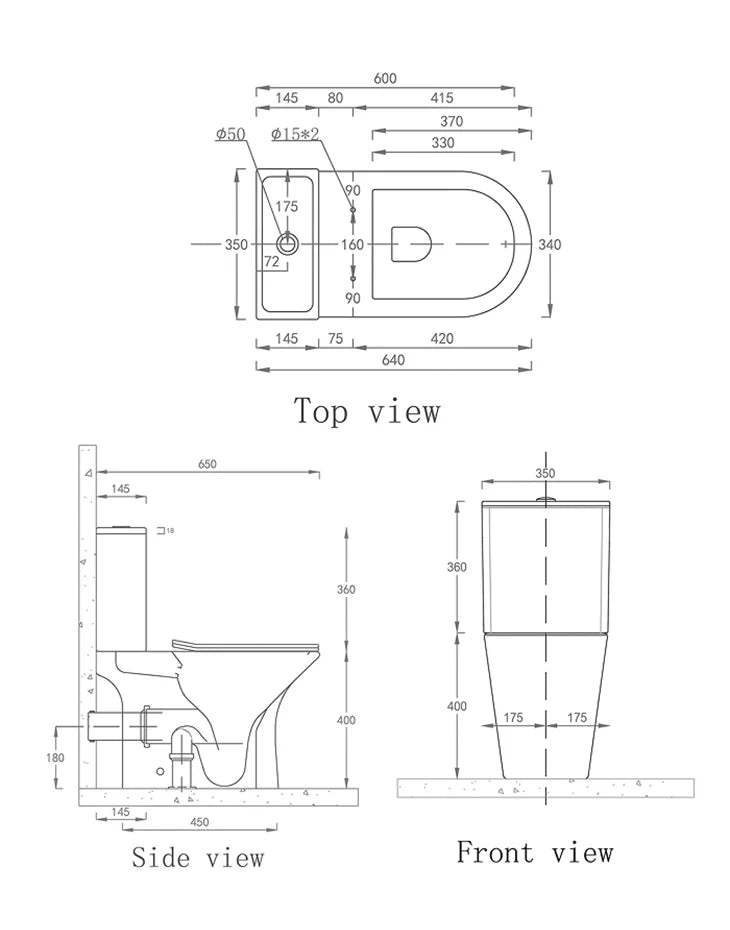 Close Coupled (Two Piece) P trap Water Closet Set 650x350 mm