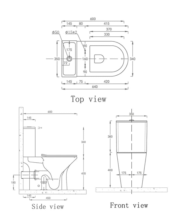 Close Coupled (Two Piece) P trap Water Closet Set 650x350 mm