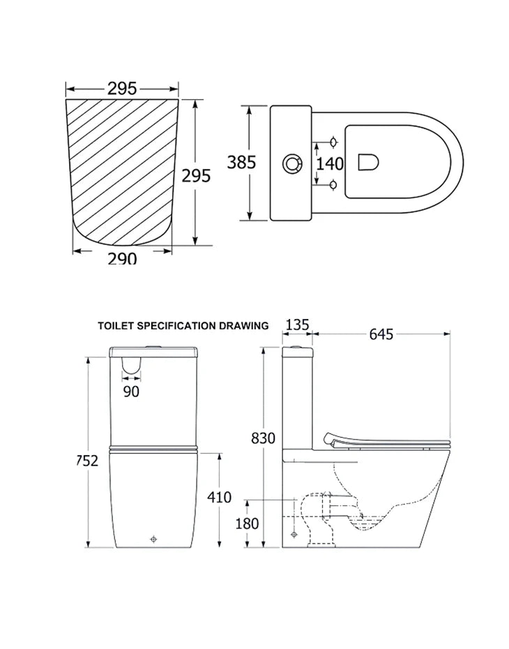 Close Coupled (Two Piece) P trap Water Closet Set 645x385 mm